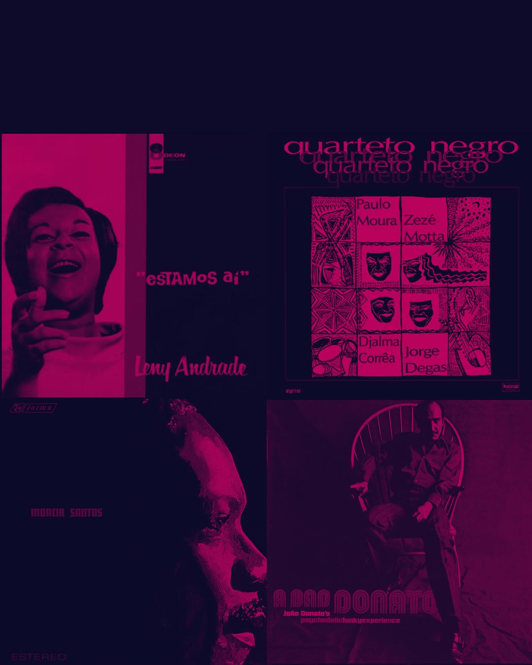 Capas de discos de Leny Andrade, João Donato, Moacir Santos e Quarteto Negro